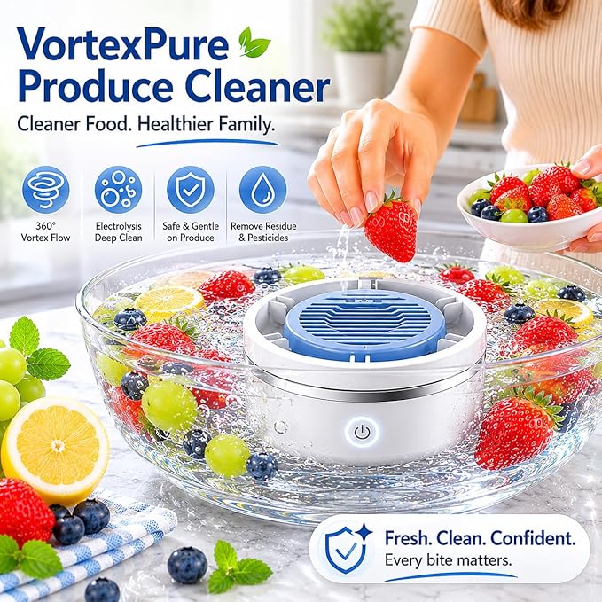 Fruit and Vegetable Cleaner Machine, Produce Washer for Fruits, Veggies & Seafood, 6-Layer Electrolysis Core, Deep Vortex Wash, Rechargeable with Auto Shut-Off (White)