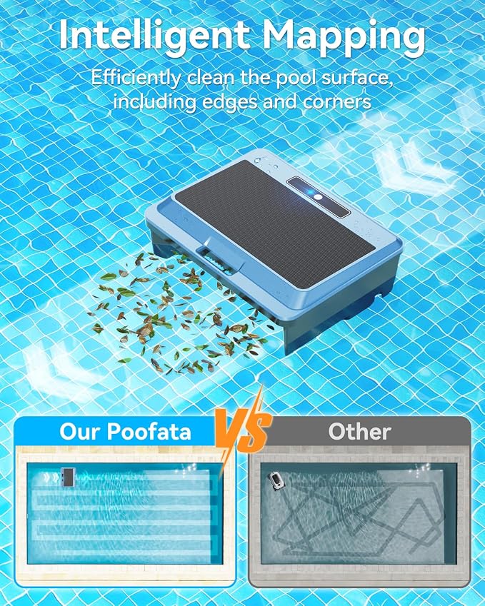 F1T Solar Powered Robotic Pool Skimmer Surface Cleaner with APP Support Dual Charging Options Smart Obstacle Avoidance 24/7 Continuous Cleaning Ideal for Above Ground Pool Blue