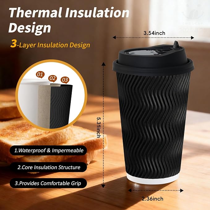 16 oz 100 Pack Corrugated Ripple Wall Disposable Coffee Cups with Lids and Straws, Heavy Duty Insulated Cups for Hot Beverage or Cold Drinks, Bulk for Restaurants, Offices, Coffee Shops(Black)