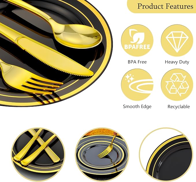 350pcs Black and Gold Dinnerware Set for 50 Guests, Black Plastic Plates with Gold Rim for Party -50 Dinne/Dessert Plates, 150 Silverware Set,50 Napkins and Cups