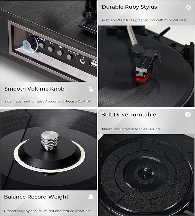 Vangoa Vinyl Record Player with Bookshelf Speakers Bluetooth Vintage Turntable for Vinyl Records Belt-Drive 3 Speed Portable LP Players Wooden Vinyl Players Auto Stop with Cleaning Kits, Black