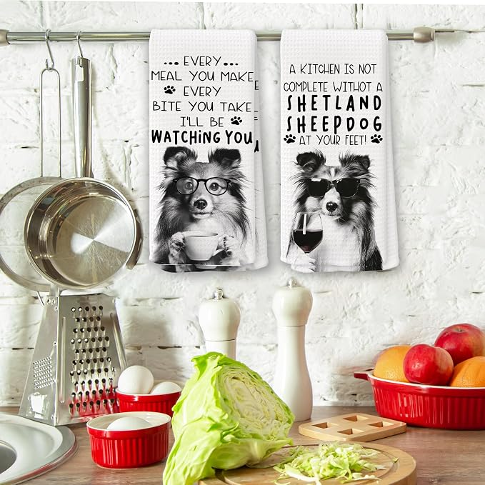 Funny Shetland Sheepdog Dog Kitchen Towels 16x24 Inch Set of 2 | Shetland Sheepdog Lovers Gifts for Women Men Dish Tea Towels for Kitchen, Dog Lover Mom Dad Owner Gifts Decorative Hand Towel