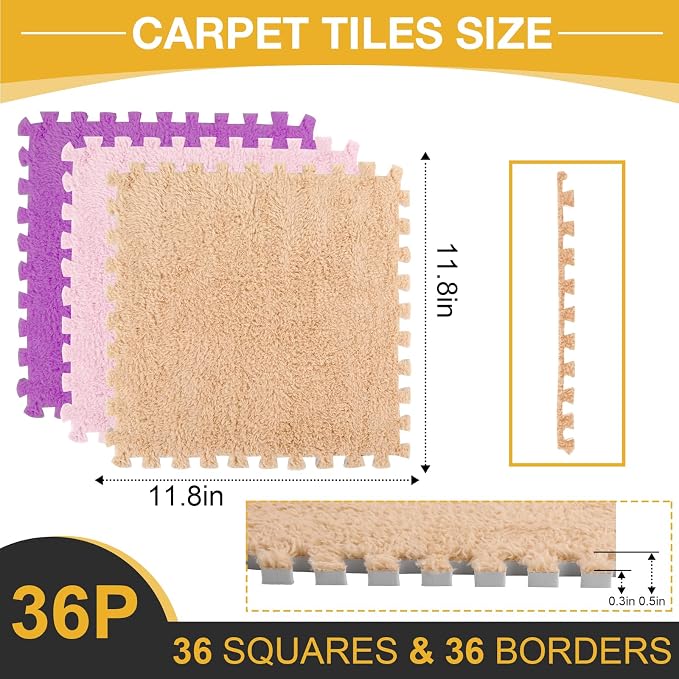 36 Pcs Plush Interlocking Carpet Tiles, Non-Toxic Foam Carpet Tiles for Toddler Baby, Anti-Slip, EVA Foam Interlocking Tiles for Floor, Nursery, Playroom, Purple, Light Brown, Pink
