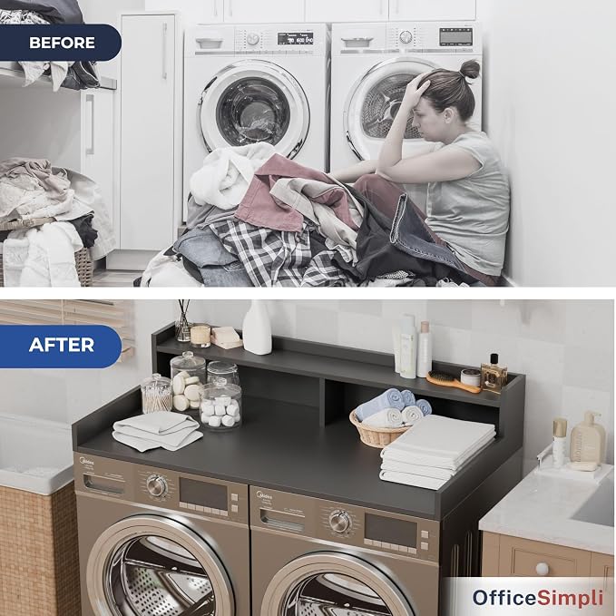 OfficeSimpli Washer Dryer Countertop with Shelf - 27.5 x 54 Inch - Made in USA Laundry Countertop Over Washer and Dryer with Non-Slip Pads, Storage Shelf, Laundry Topper Organizer, Grey