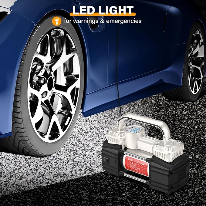 GSPSCN Heavy Duty Digital Tire Inflator 12V Portable Air Compressor Pump | 6X Faster Inflation Auto Shut-off Double Cylinders Metal Air Pump 150Psi with LED Light for Pickup,Truck,Car,Bicycles,RV,SUV