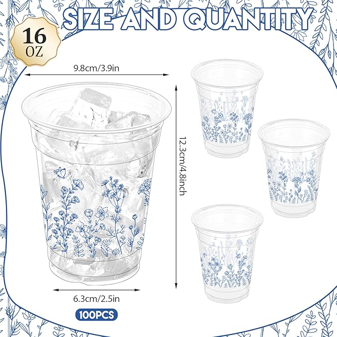 100 Pcs Chinoiserie Disposable Plastic Cups,16 oz Blue and White Flower Clear Plastic Cups for Birthday, Baby Shower, Wedding and Tea Party Drinking Cups Supplies