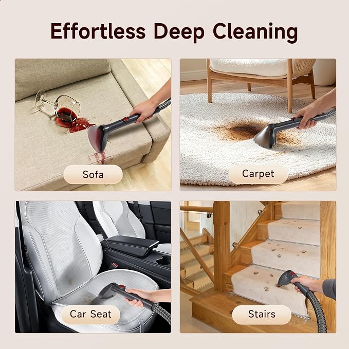 WURESE Portable Handheld Deep Cleaning Spot Cleaner, Pet Stain Carpet & Upholstery Cleaner with Self-Cleaning System, 2 Brush Tools for Couch, Rugs, Stairs and Car Interior, Gray