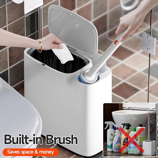 CTIME Family Bathroom Trash Can Set Includes a 2-Gallon Clean Trash Bin with a Toilet Brush, 12 pre-Soaked Disposable Brush Heads, a Small Bathroom Trash Can with Lid, and a Smart Trash can.