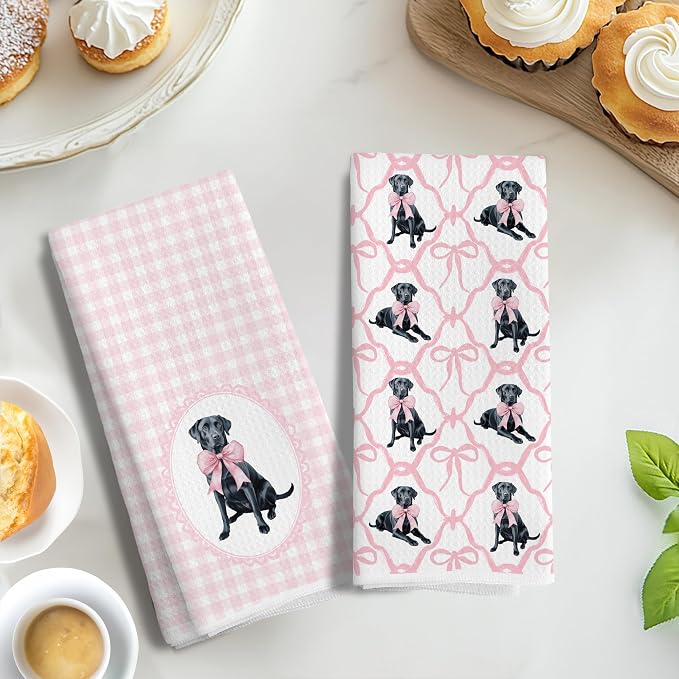Coquette Pink Bow Black Labrador Retriever Gifts Kitchen Hand Towels for Bathroom，Black Lab Gifts,Coquette Pink Labrador Retriever Dog Girly Bathroom Kitchen Decor,16x24 Inch Set of 2