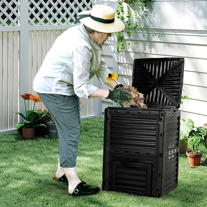 Compost Bin Outdoor, 80 Gallon Large Garden Composter, Black | Large 300L capacity with BPA-free construction, secure flip-latch lid, and easy assembly for garden, kitchen, and yard waste.