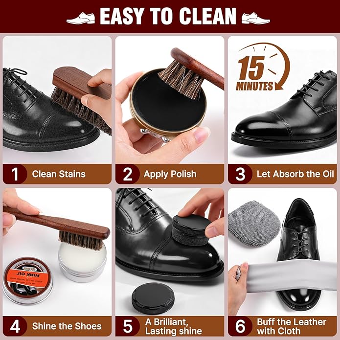 EFO SHM Shoe Shine Kit – 15-in-1 Leather Shoe Polish & Care Set with 4 Horsehair Brushes, Black Brown Neutral Wax, Mink Oil, 3 Cloths Shine Sponge Boot Care Cleaning Mens Gifts Luxury Leather Case