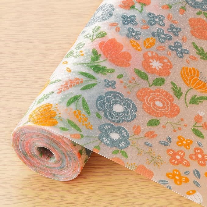 INNOLITES Shelf Liner for Kitchen Cabinets, Non-Adhesive Drawer Liner, Waterproof Washable EVA Floral Pattern, Protect Dresser Cupboard Refrigerator Shelves (Honey Coral Blue, 23.6" x 240")
