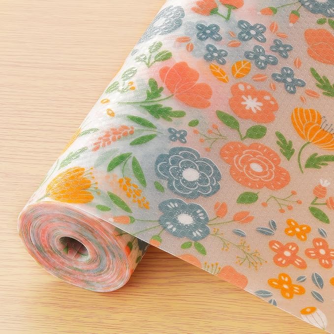 INNOLITES Shelf Liner for Kitchen Cabinets, Non-Adhesive Drawer Liner, Waterproof Washable EVA Floral Pattern, Protect Dresser Cupboard Refrigerator Shelves (Honey Coral Blue, 11.8" x 240")