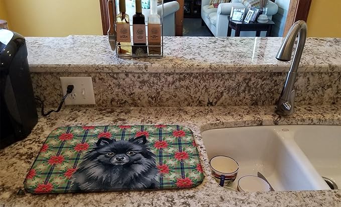 Caroline's Treasures Black Pomeranian Christmas PoinsettIas Dish Drying Mat Absorbent Dish Drying Mat Pad for Kitchen Counter Dish Drainer Mat for Countertop, 14 x 21", Multicolor
