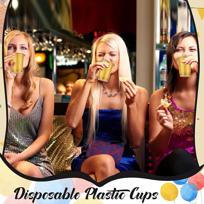 Sabary 100 Pack 12oz Plastic Cups Graduation Heavy Duty Drinking Disposable Cups with Lines for Beverage Wedding Holiday Camping Barbecues Birthday Party Outdoor Picnic(Gold)