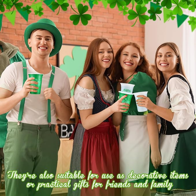 Pickmesh 50 Pcs St Patricks Day Plastic Cups 16oz Lucky Shamrock Design Disposable Cups for Lucky Party Supply St Patrick's Day Cups for Hot Cold Drinks Coffee Juice Beer Candy Snacks