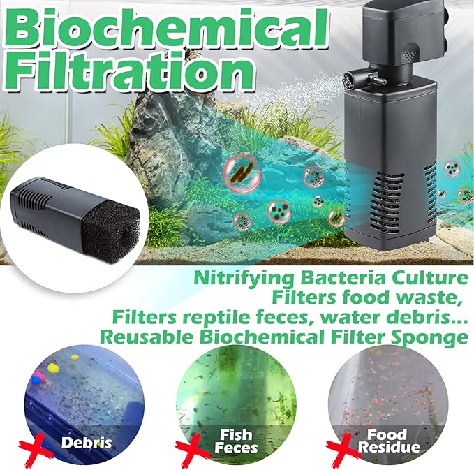 Fish Tank Filter for 15-40 Gallon Tank Crystal Clear Powerful Internal Aquarium Filters Submersible Pump& Filter System Turtle Tank Accessories
