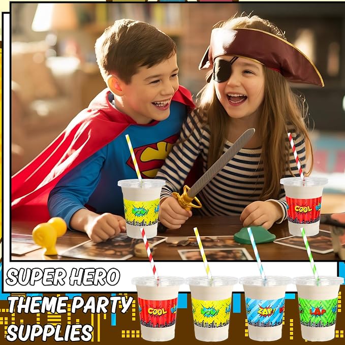 FYSUIMU 100Pcs 12Oz Hero Party Disposable Plastic Cups with Lids and Straws Super Hero Theme Cold Beverage Drinking Cups for Home Kitchen Party Supplies