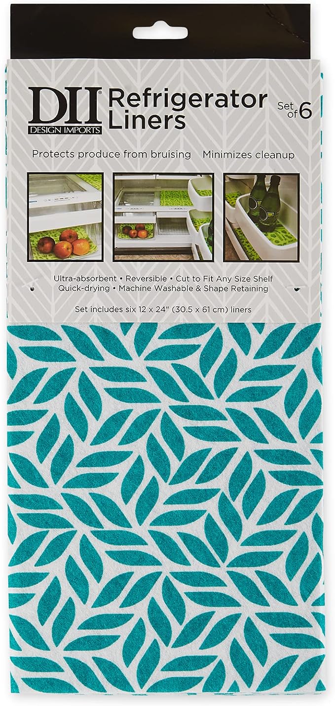 DII Fridge Liner Collection Non-Adhesive, Cut to Fit, 12x24, Teal Abstract Leaf, 6 Piece