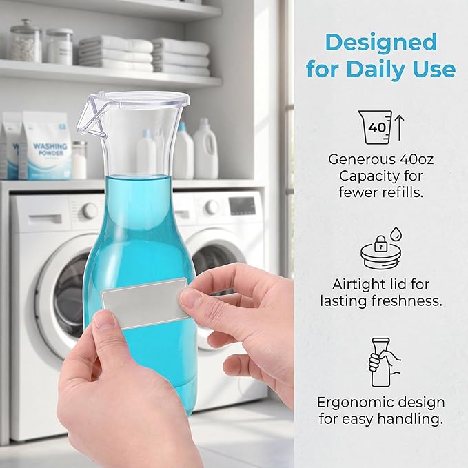 3 Pack Laundry Detergent Dispenser with 5 Labels, 40 OZ Plastic Fabric Softener Bottle, Reusable Detergent Container, Laundry Room Organizer for Liquid Soap Powder Bleach Scent Booster Beads
