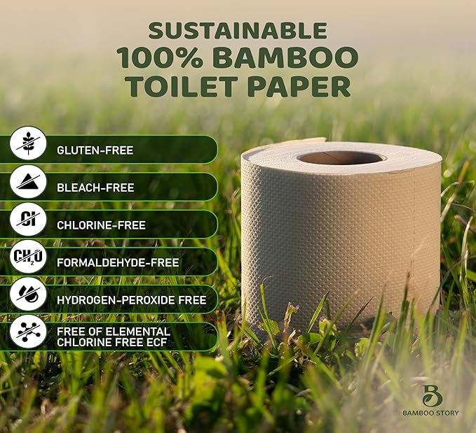 Bamboo Story, Bamboo Toilet Paper Unbleached, 12 Rolls, 3 Ply and 300 Sheets Bamboo Toilet Tissue - FSC Certified, Biodegradable, Chemical Free, Plastic Free, BPA Free, Septic Safe Toilet Paper