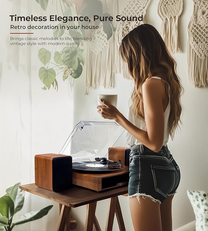Vangoa Vinyl Record Player with External Speakers, 3 Speed Belt-Drive Turntable for Vinyl Records, Portable Bluetooth LP Players, Walnut Wood Vintage Record Player for 33/45/78 RPM, Auto Stop