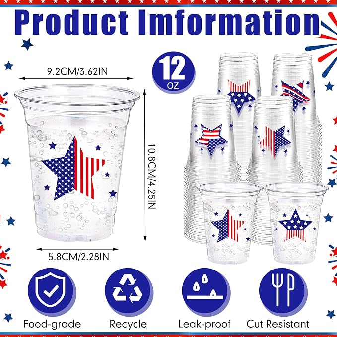 100 Pcs 4th of July Patriotic Plastic Cups 12 oz American Flag Disposable Plastic Red Blue and White Drinking Cups Bulk for Independence 250th Anniversary USA Party Decoration Supplies