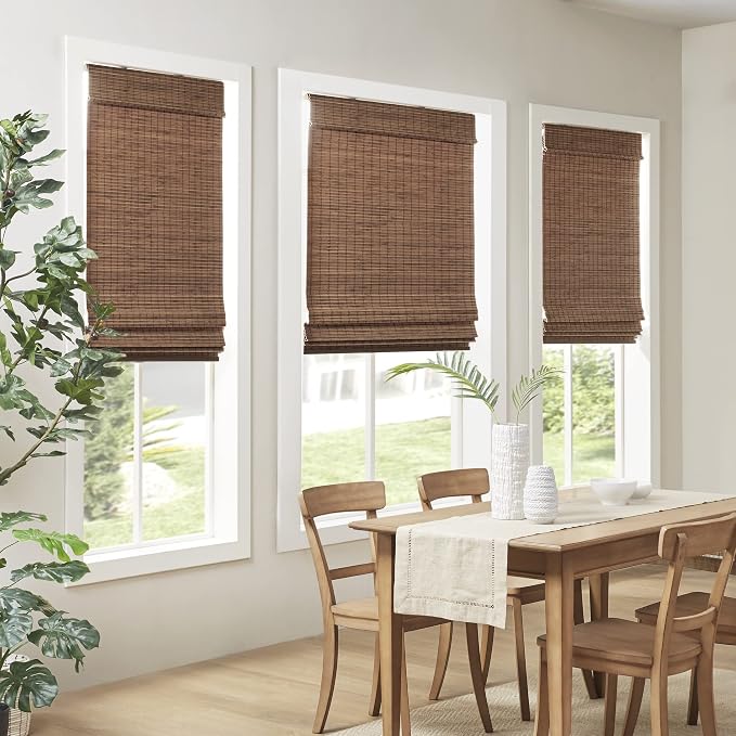 Madison Park Eastfield 100% Bamboo Cordless Roman Shades-Woven Wooden Privacy Panel, Light Filtering Easy Installation Window Blind Treatment, Bedroom, Living Room Decor, 29" W x 64" L, Teak