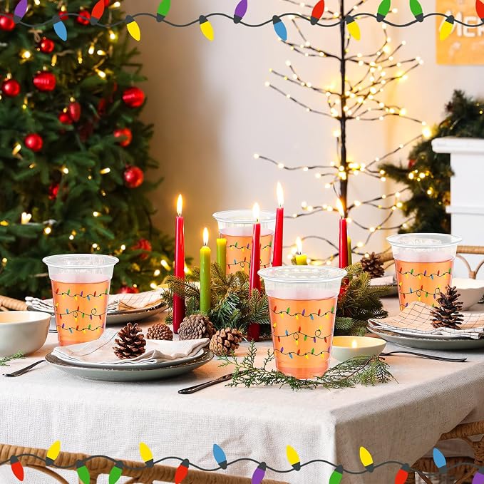 Jingmore 100 Pcs Strawberry Disposable Cups 16 oz Clear Plastic Drinking Cups Bulk for Spring Summer Holiday Birthday Wedding Juice Hot Cold Drinks Party Supplies(Christmas Lights)