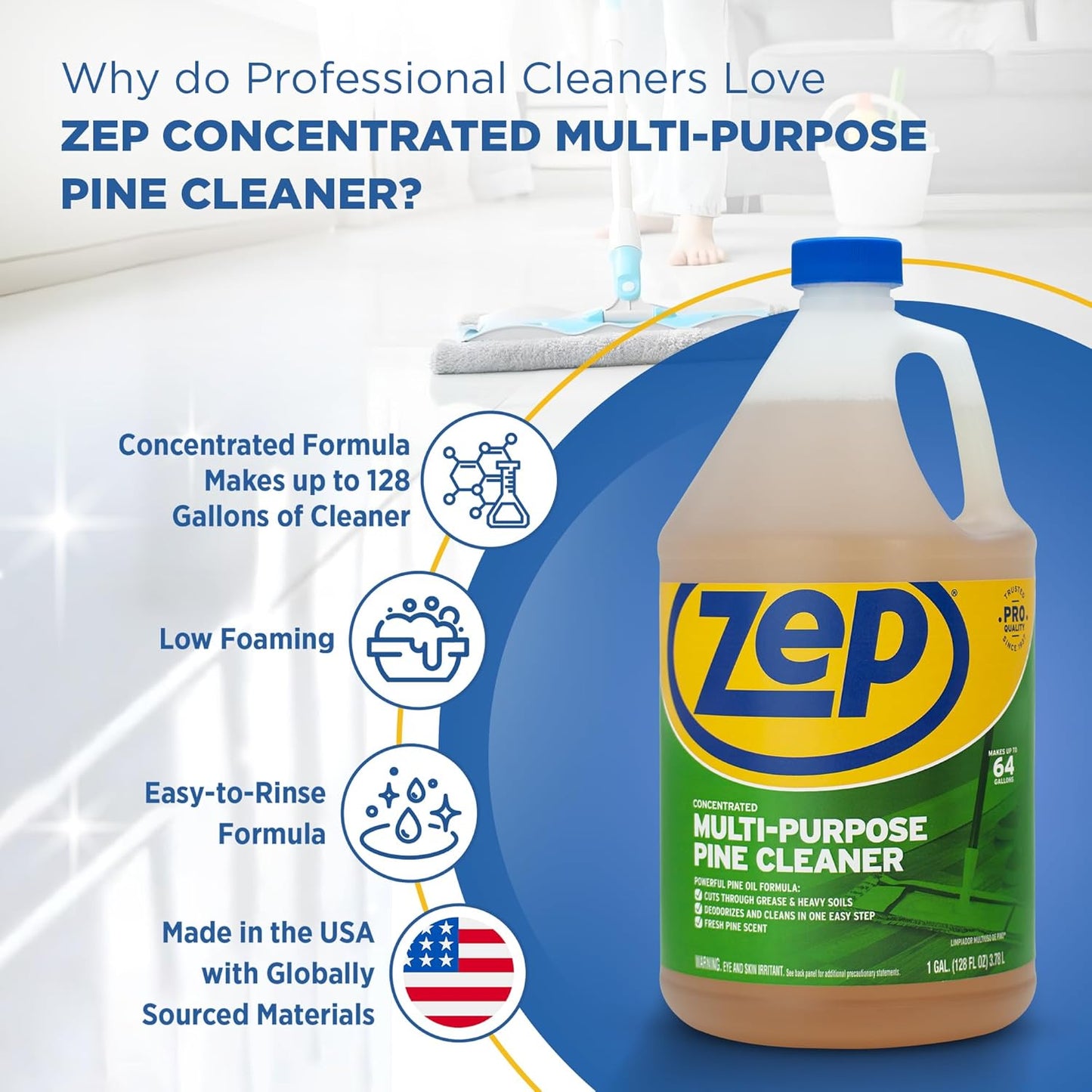 Zep Concentrated Multi-Purpose Pine Cleaner - 128 oz (Case of 4)- ZUMPP128 - Multi-Purpose Cleaner for Professional, Commercial and Household Use, From the Bathroom to Kitchens and Dining Rooms