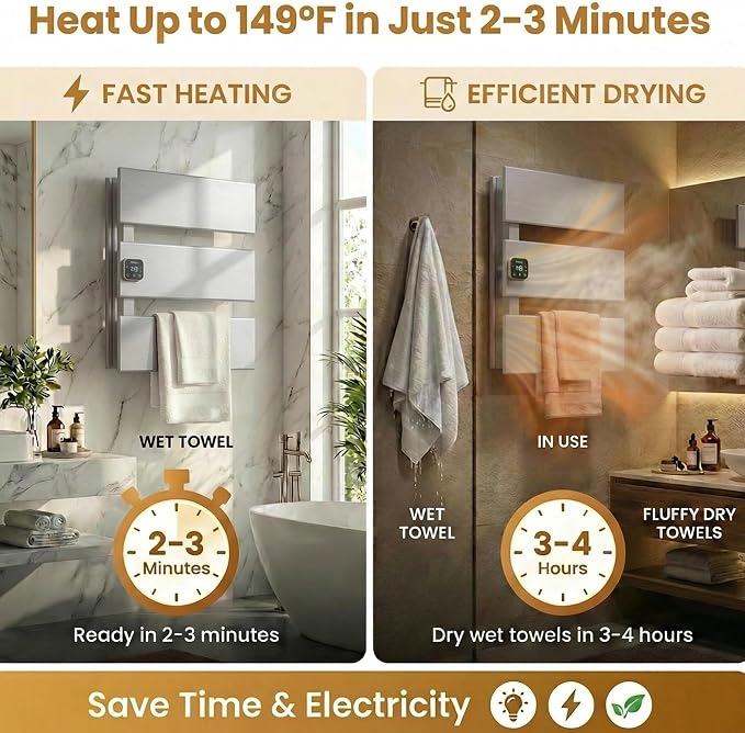 L Series Electric Towel Warmer for Bathroom, 3 Panel, Silver | Thermo Control and Timer, Fast Heat in 3 Mins, Dry Towels in 4 hrs, Memory Function, Work with Smart Plug, Left-Wiring