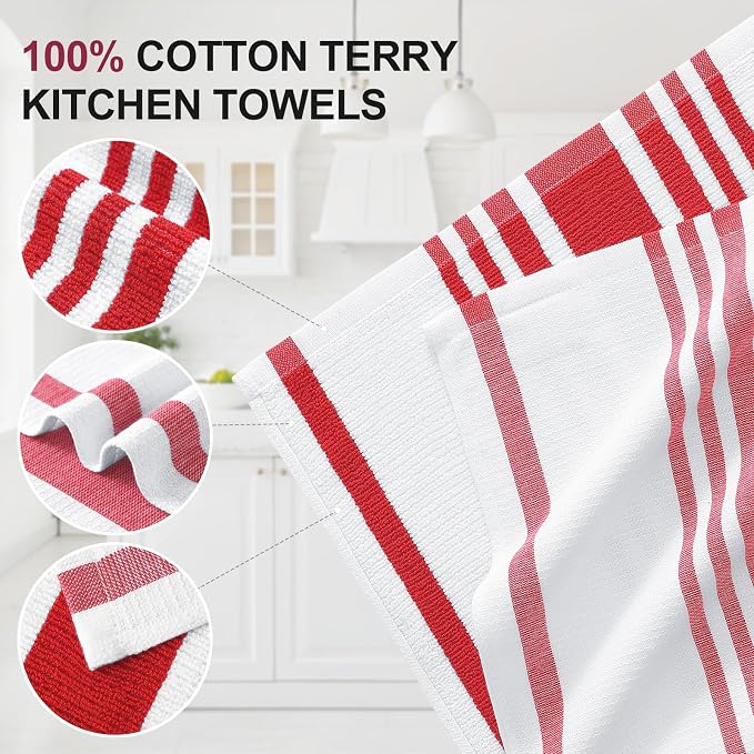 Homaxy Premium Kitchen Towels 18”x 28”, Large Cotton 380 GSM Kitchen Hand Towels, Stripe and Terry Dish Towel, Highly Absorbent Tea Towel Set with Hanging Loop, 3 Pack, Red