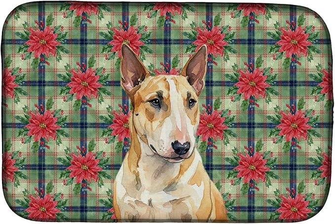 Caroline's Treasures Miniature Bull Terrier Christmas PoinsettIas Dish Drying Mat Absorbent Dish Drying Mat Pad for Kitchen Counter Dish Drainer Mat for Countertop, 14 x 21", Multicolor