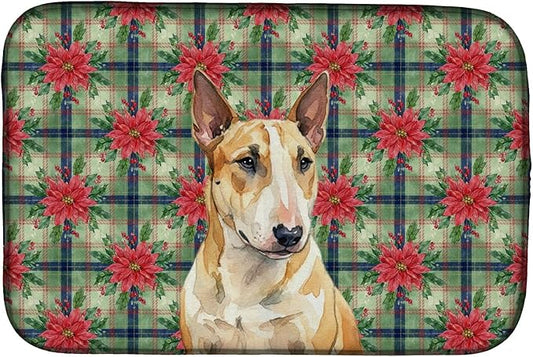 Caroline's Treasures Miniature Bull Terrier Christmas PoinsettIas Dish Drying Mat Absorbent Dish Drying Mat Pad for Kitchen Counter Dish Drainer Mat for Countertop, 14 x 21", Multicolor