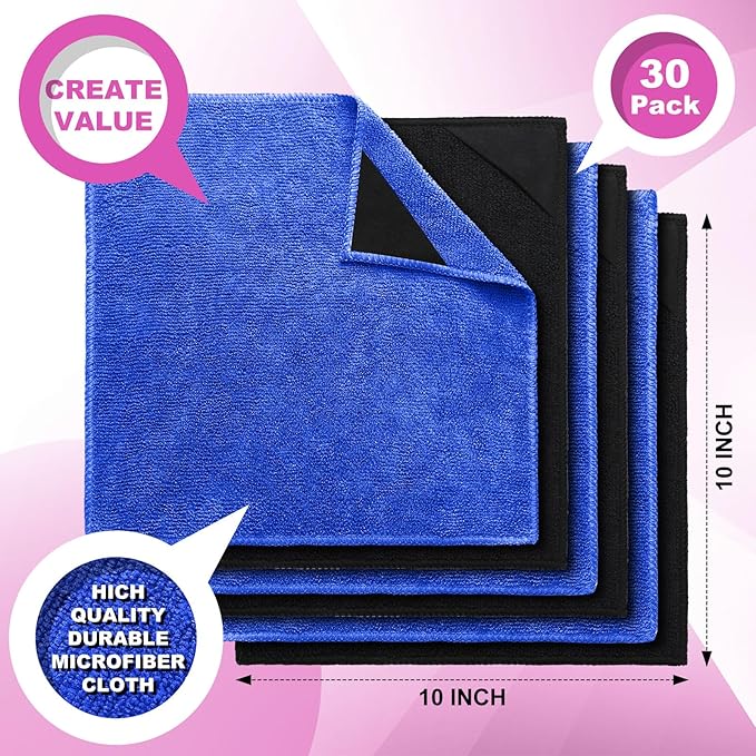 Tudomro 30 Pcs Magnetic Microfiber Cleaning Cloth Dry Erasers Bulk for Most Whiteboards Dry Erase Cloth Cleaner Reusable, Home, Office, 10'' x 10''(Black, Blue)