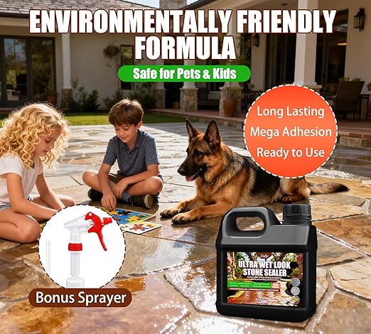 Wet Look Stone Sealer - 64oz Ultra Gloss Paver Sealer Stone Color Enhancer Concrete Sealer with Long-Lasting Gloss Protection, Stain Proof for Interior and Exterior Slate, Driveway, Floor, Standstone