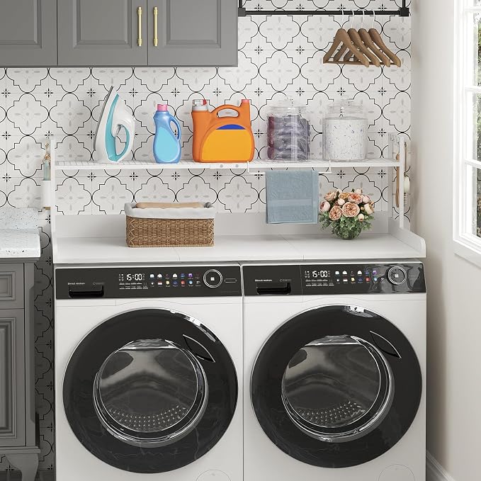 Lifewit Washer Dryer Countertop with Adjustable Shelf, Melamine Cover for The Top with Edge Rails, Towel Rack for Laundry Room Storage and Organization, Hold 200lbs, White, 54" x 27.5"