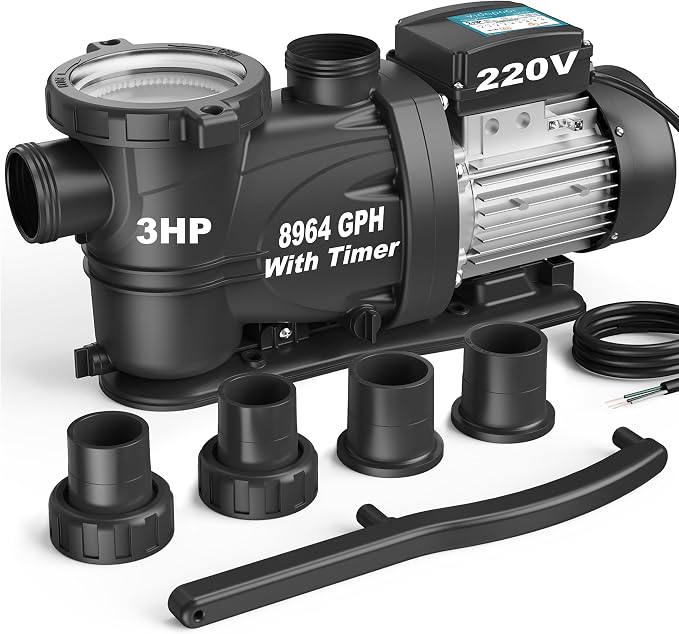 3HP In/Above Ground Pool Pump with Timer 8964GPH High Flow 220V Powerful Self Primming Swimming Pool Pumps with Filter