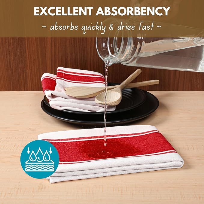 Native Fab Red Striped Dish Towels 18"x28", 6 Pack, Wide Stripe, Highly Absorbent, Fast Dry, 100% Cotton Hand Towels for Drying Dishes, Glassware, Dishcloth Set, Kitchen Cleaning Towel - Red