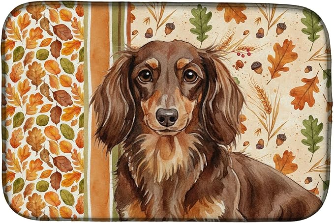 Caroline's Treasures Longhaired Chocolate and Tan Dachshund Heirloom Fall Dish Drying Mat Absorbent Dish Drying Mat Pad for Kitchen Counter Dish Drainer Mat for Countertop, 14 x 21", Multicolor