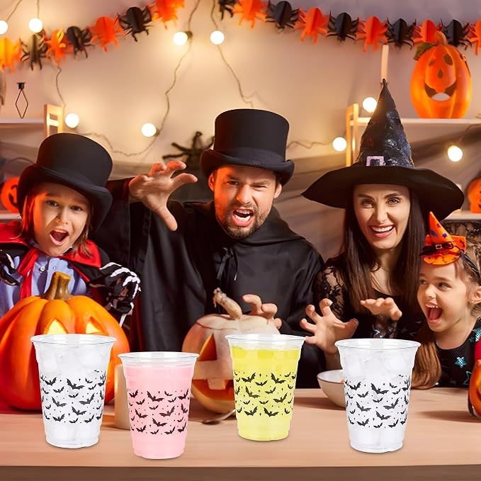 AimFun Halloween Bats Plastic Cups White Black Ghosts Disposable Party Cup Cute Spooky 12oz Clear Cups for Candy Beverage Snacks Birthday Baby Shower Party Supplies (100, Bats)