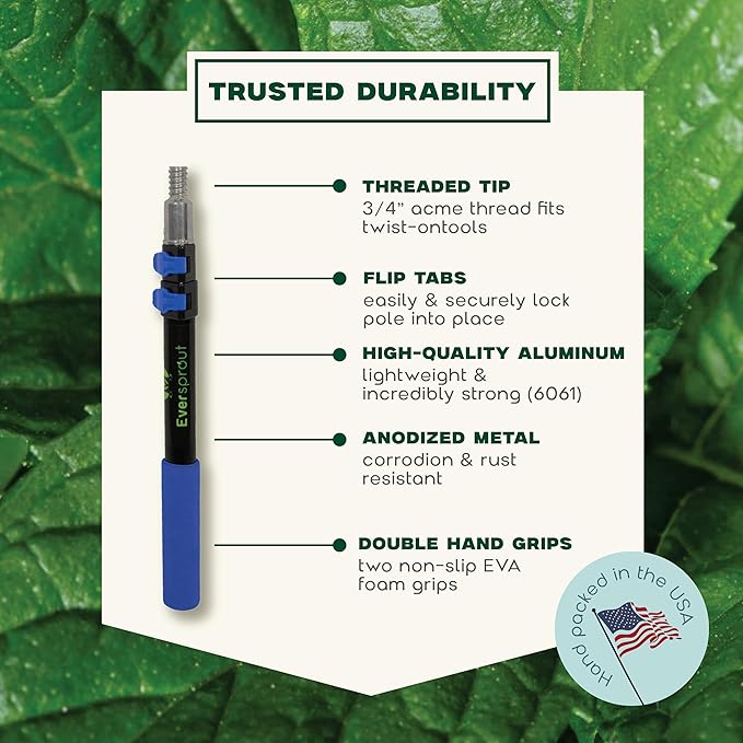 EVERSPROUT Pro 5-to-12 Foot Telescoping Extension Pole (3-Stage), Lightweight Anodized Aluminum with Flip-Tab Lock, ACME Threaded for Cleaning, Painting and More