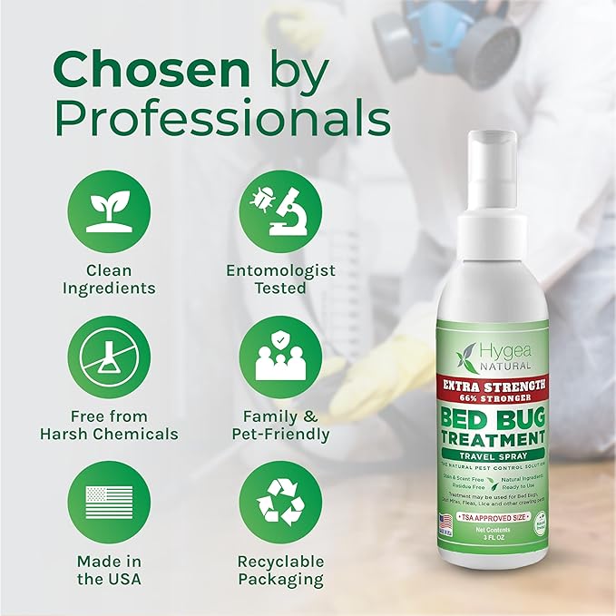Hygea Natural Extra Strength Bed Bug Killer 3oz Travel Spray –TSA Approved - New Formula 66% Stronger- Stain & Scent Free Treatment – Natural Formula - Child & Pet Safe (50 Pack)