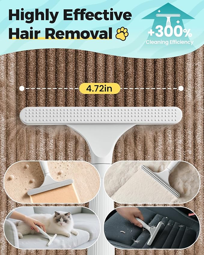 Carpet Rake for Pet Hair Removal Tool - 4 in 1 Pet Hair Remover Kit for Dog Cat Fur Remover, Contain 60" Adjustable Rubber Broom, Glove, Magic Brush and Scraper for Furniture (Blue)