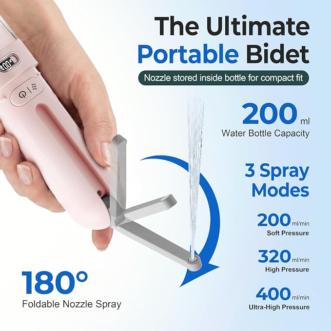 Portable Bidet for Travel | Bathroom - Rechargeable Electric Bidet Sprayer with 3 Pressure | Waterproof for Ultimate Personal Hygiene Cleaning at Home Office and Camping
