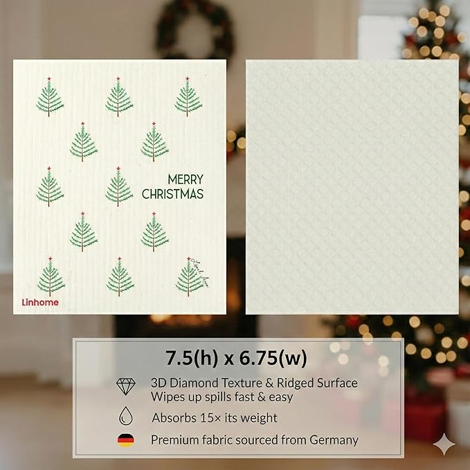 Christmas Holiday Swedish Dishcloth, Reusable Paper Towel, Super Absorbent Cellulose Sponge, Washable Kitchen Cleaning Cloth (Winter Evergreens - 1 Pack)
