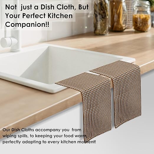 12 Pack Dual Waffle Weave Dish Cloth, 100% Cotton, 12"x12", Super Absorbent, Quick Dry Dishcloth Set, Soft for Cleaning, Drying Dishes, Multi Use, Durable Hand Dish Rag, Brown