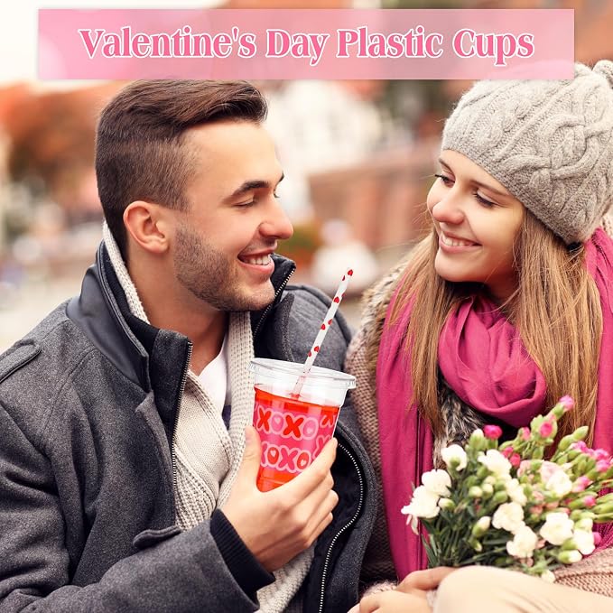 Yaomiao 300 Pcs 12 oz Valentine's Day Plastic Party Cups with Lids and Straw Valentine's Day Plastic Cup Heart Disposable Clear Tumbler Red Pink Disposable Drinking Set for Party Supply