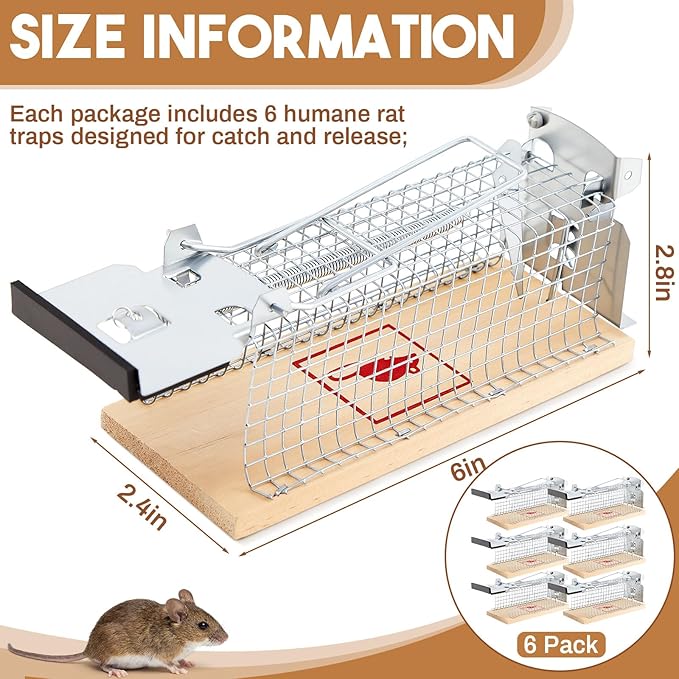 6 Pack Small Humane Mouse Trap, 6 x 2.4 x 2.8 Inch, No Kill, Catch and Release, Reusable Live Mouse Trap, Indoor Outdoor Rat Cage for Small Live Rodent Chipmunk Squirrel Mole Safe Control