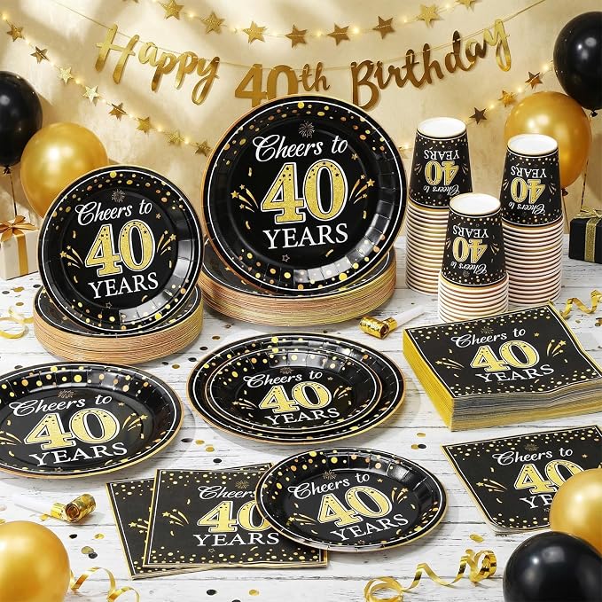 Pickmesh 250 Pcs 40th Birthday Party Supplies Decorations Serve 50 Black Gold Cheers to 40 Years Disposable Paper Plates Napkins and Cups for Women Men 50th Birthday Wedding Anniversary Party Supplies